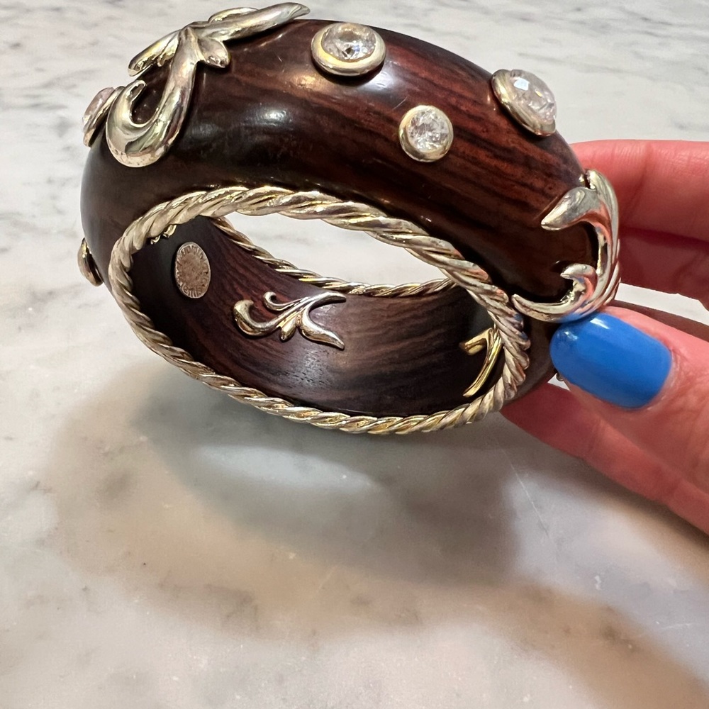 Dominique Aurientis Paris Gilt Silver Plate, Rhinestone, Wood Bangle With Pouch
